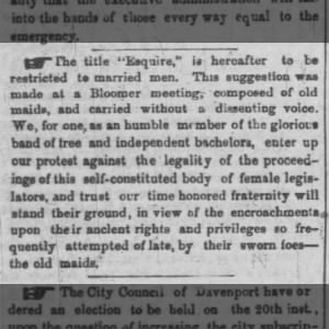 Bloomers Declare title "Esquire" Be Restricted to Married Men, Bachelors Protest 5 May 1852