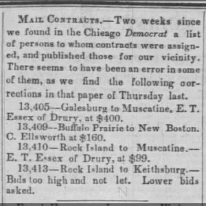  Corrections for Mail Contracts, E.T. Essex of Drury Twp. Awarded Two Mail Routes 31 May 1854 